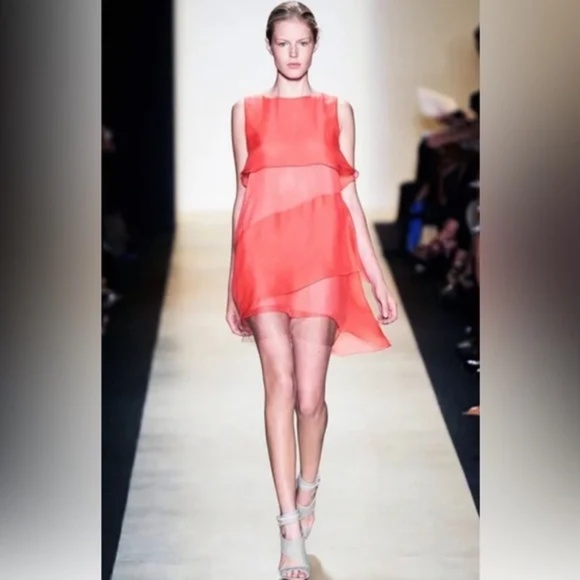 BCBGMaxAzria Runway Silk Dress S Bright Coral Gauze Crepe Layered Sleeveless - Picture 1 of 14